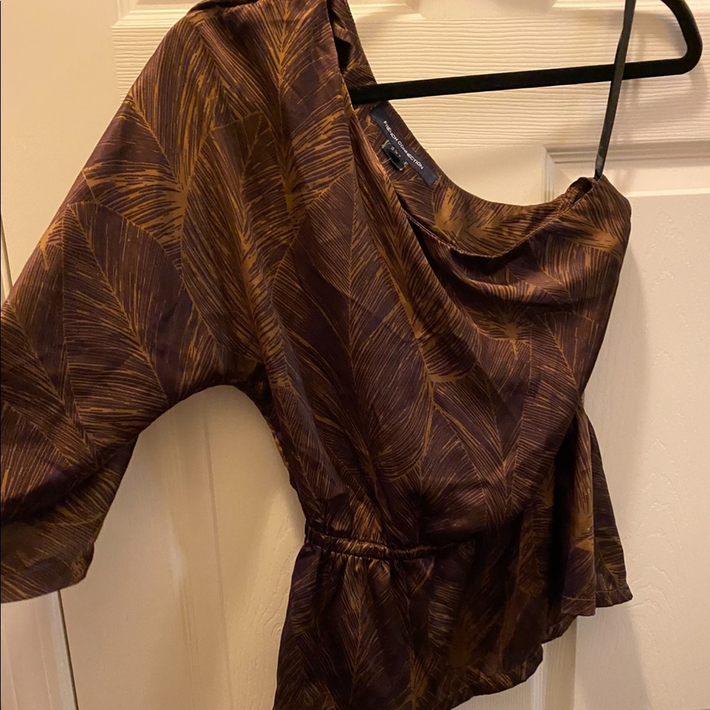 French connection one shoulder brown and tan silk neutral peplum top